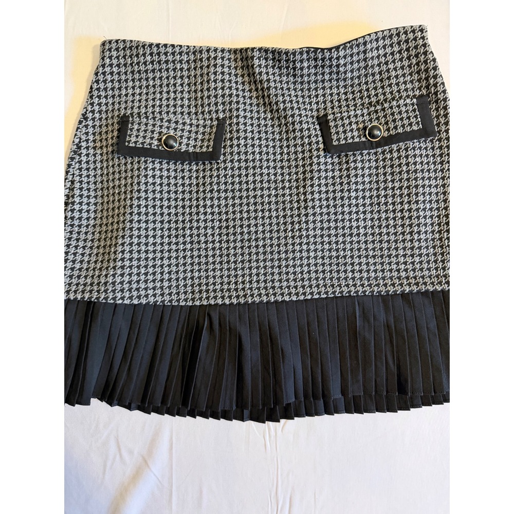 Kate Kasin XL Houndstooth Mini Skirt Black White Pleated Ruffle Hem Office Chic - Picture 3 of 7